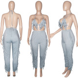 Solid Color Casual Bra Tassel Pants Two Piece Sets SH-390131