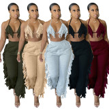 Solid Color Casual Bra Tassel Pants Two Piece Sets SH-390131