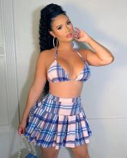 Sexy Plaid Hater Bra Top+Pleated Mini Skirt 2 Piece Sets DAI-8353