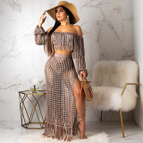 Plus Size Grid Hollow Out Tassel Two Piece Sets SH-3554