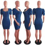 Plus Size Denim Short Puff Sleeve Bodycon Mini Dress LX-6899