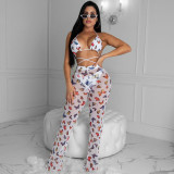 Plus Size Sexy Printed Mesh See Through Ruffled Two Piece Sets SH-3592