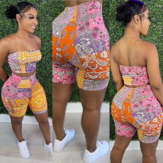 Sexy Print Wrapped Chest Shorts Two Piece Sets SH-390148