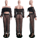 Plus Size Grid Hollow Out Tassel Two Piece Sets SH-3554