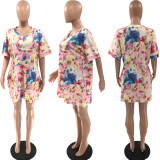 Plus Size Printed V Neck Short Sleeve Mini Dress QY-5249