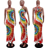 Tie Dye Print Cross Strap Split Maxi Dress WY-6763