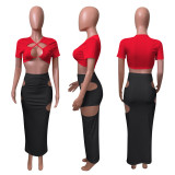 Sexy Short Sleeveless Hollow Long Skirt 2 Piece Sets NIK-247