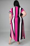 Plus Size V-neck Striped Print Short Sleeve Split Dress BMF-063