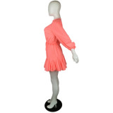Plus Size Solid High Waist Long Sleeve Pleated Mini Dress QYF-5067