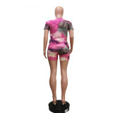 Tie-dye Printed Casual Short Sleeve Shorts Two Piece Sets  YUEM-602