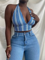 Plus Size Sexy Striped Deep V Neck Halter Crop Top BLI-2370