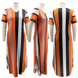 Plus Size V-neck Striped Print Short Sleeve Split Dress BMF-063