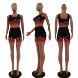 Fashion Flame Print Vest Shorts Two Piece Sets LSF-99162