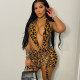 Halter Sexy Leopard Print Ruched Lace-up Dress ME-Y872