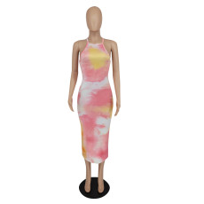 Tie Dye Print Backless Cross Strap Split Midi Dress XINF-60013
