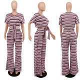 Plus Size Casual Striped Tie-Up 2 Piece Pants Set XMF-063