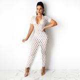 Sexy Hole Short Sleeve Hollow Out Jumpsuit YIBF-6088