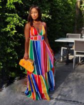 Rainbow Striped High Waist Cross Strap Maxi Dress YD-8502