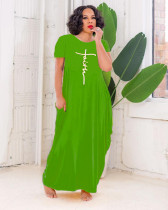 Fashion Solid Color Print Pocket Short Sleeve Long Dress WSM-5255