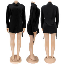 Black Long Sleeve Drawstring Shirt Dress SFY-2113