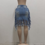 Denim Tassel High Waist Mini Skirt HSF-2416