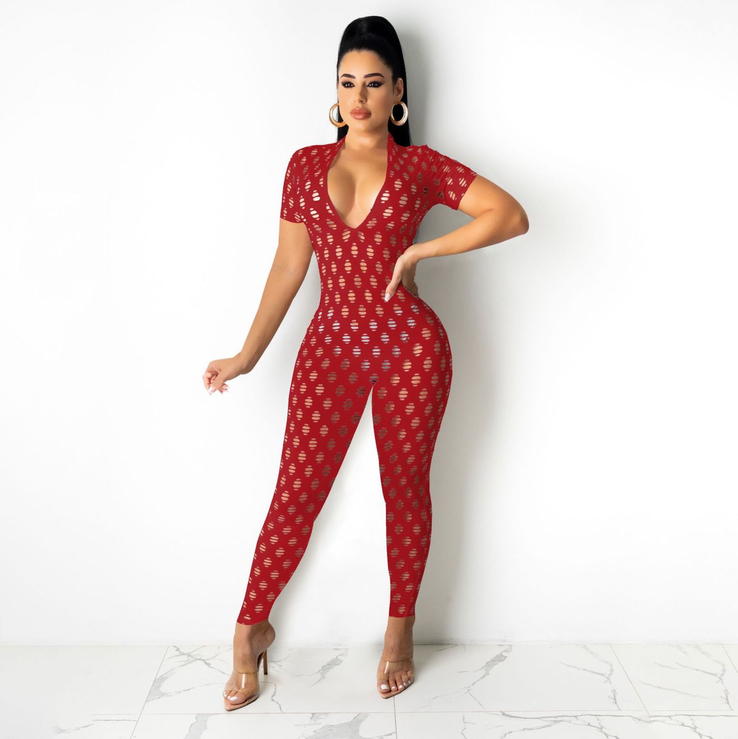 Dear-Fashion | Sexy Hole Short Sleeve Hollow Out Jumpsuit YIBF-6088 ...