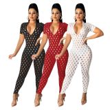 Sexy Hole Short Sleeve Hollow Out Jumpsuit YIBF-6088