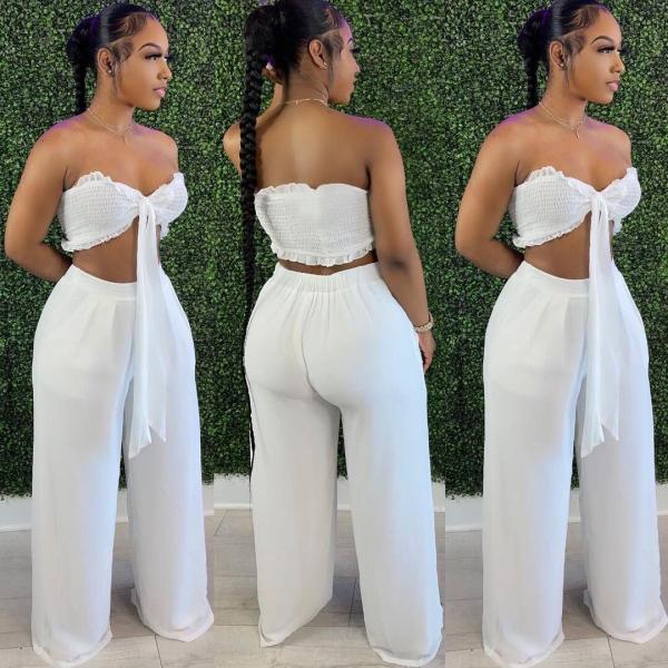 Sexy Solid Strapless Wide Leg Pants 2 Piece Sets FNN-8618