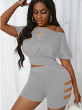Solid Off Shoulder Hollow Out Two Piece Shorts Set SXF-25118