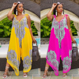  Plus Size Fashion Loose Sling Printed Jumpsuit WPF-80118