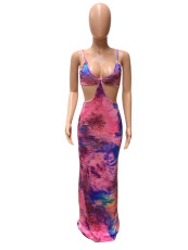Sexy Tie Dye Hollow Out Maxi Dress QZX-6215