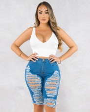 Plus Size Denim Ripped Hole Knee Length Jeans OLYF-6065