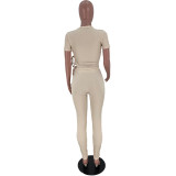 Solid Lace-Up Short Sleeve 2 Piece Pants Set ARM-8295