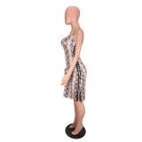 Snake Skin Print Lace-Up Bodycon Midi Dress BDF-6006