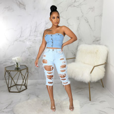 Plus Size Fashion All-match Frayed Ripped Hole High Waist Jeans HSF-2517