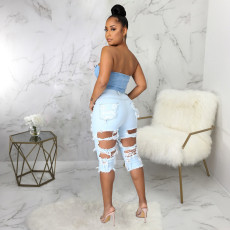Plus Size Fashion All-match Frayed Ripped Hole High Waist Jeans HSF-2517