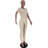 Solid Lace-Up Short Sleeve 2 Piece Pants Set ARM-8295
