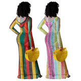 Colorful Striped Gird Hollow Out Long Club Dress TE-4224