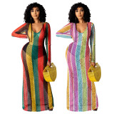 Colorful Striped Gird Hollow Out Long Club Dress TE-4224