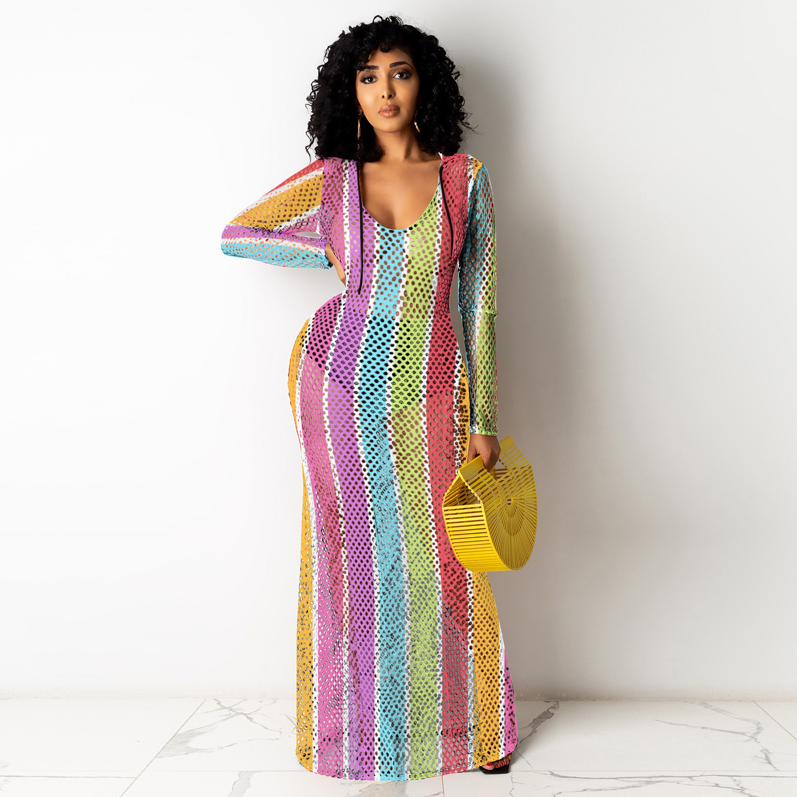 DearFashion Colorful Striped Gird Hollow Out Long Club Dress TE4224