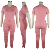 Solid Short Sleeve Ruched Pants Two Piece Sets TE-4001