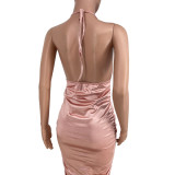 Sexy Halter Backless Ruched Midi Dress YH-5230