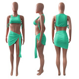 Solid Lace-Up Sleeveless Mini Skirt 2 Piece Sets NIK-251