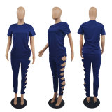 Plus Size Solid T Shirt Hollow Pants 2 Piece Sets MTY-6553