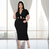 Plus Size Solid Tie Up Short Sleeve Long Skirt 2 Piece Sets LDS-3283