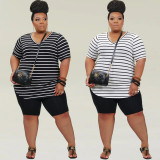 Plus Size Casual Striped Short Sleeve Suit WAF-77215