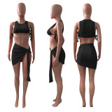 Solid Lace-Up Sleeveless Mini Skirt 2 Piece Sets NIK-251
