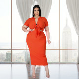 Plus Size Solid Tie Up Short Sleeve Long Skirt 2 Piece Sets LDS-3283