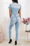 Plus Size Denim Zipper Skinny Jeans Jumpsuit LX-6056