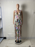 Plus Size Printed Sleeveless V Neck High Split Maxi Dress YFS-2042